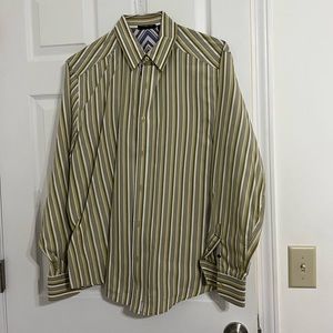 DKNY jeans button down dress shirt tan and cream strip long sleeve XL